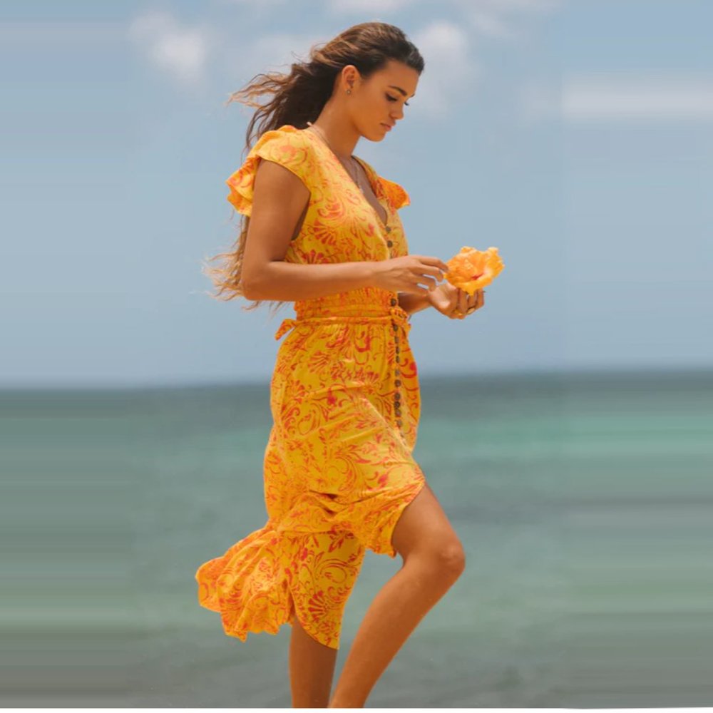 Tiare Hawaii NEW MOON batik bloom saffron maxi dress O/S